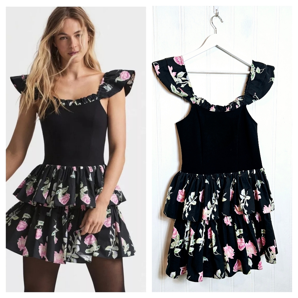 LoveShackFancy Sanam Mini Dress 2 Painted Mime Floral Ruffled Coquette Black NWT